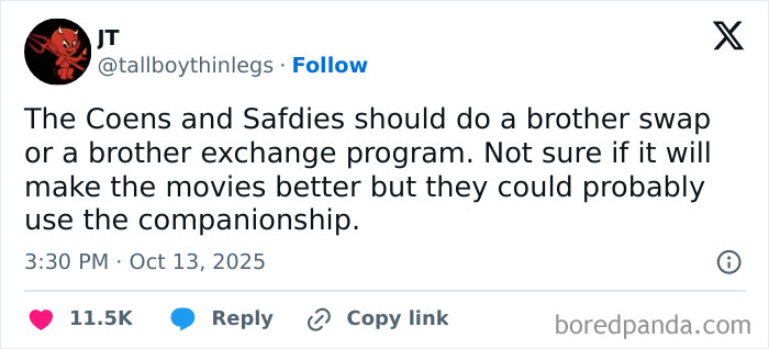 Tweet humor about Netflix movies by user JT suggesting a brother swap between Coens and Safdies filmmakers.