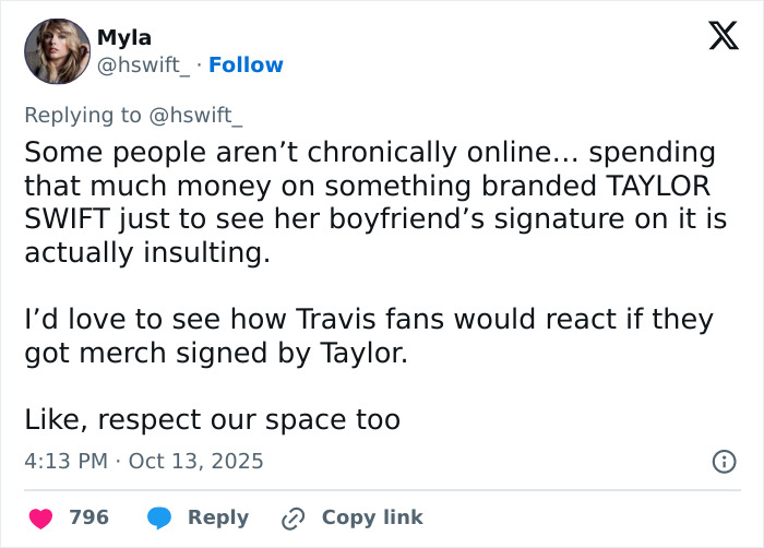 Tweet reacting to Taylor Swift fans furious after Travis Kelce autographed her albums causing outrage online. Tweet reacting to Taylor Swift fans furious after Travis Kelce autographed her albums causing outrage online.
