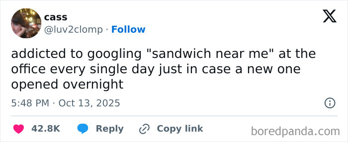 Screenshot of a funny tweet about googling sandwich near me daily, related to Netflix gotta add a comment section humor.