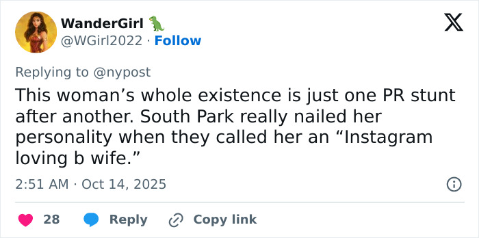 Tweet criticizing Meghan Markle’s PR stunts referencing South Park and her Instagram persona in a text post format. Tweet criticizing Meghan Markle’s PR stunts referencing South Park and her Instagram persona in a text post format.