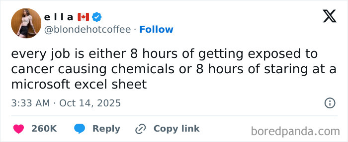 Screenshot of a humorous October tweet joking about jobs involving chemicals or Excel sheets on Netflix comment section.
