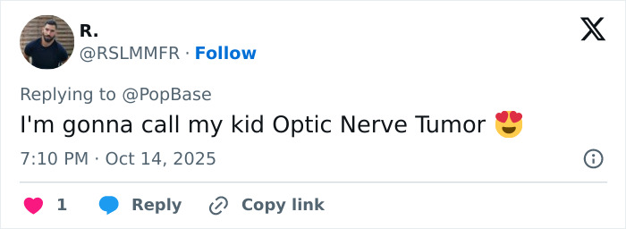 Tweet from a user humorously replying to pop star news about naming her son related to diabetes, baffling fans online. Tweet from a user humorously replying to pop star news about naming her son related to diabetes, baffling fans online.