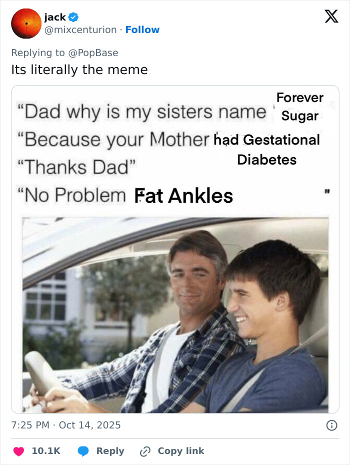 Father and son sitting in a car with meme text about naming inspired by gestational diabetes and sugar. Father and son sitting in a car with meme text about naming inspired by gestational diabetes and sugar.