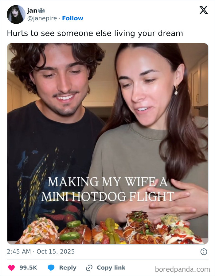 Couple smiling while making a mini hotdog flight, featured in Netflix gotta add a comment section tweets.