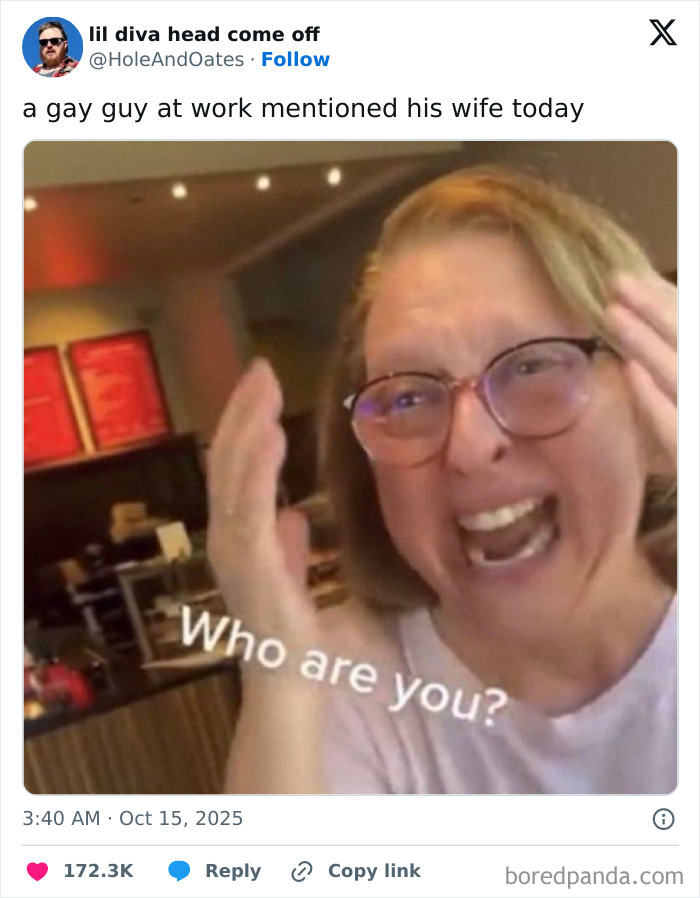 Person with glasses laughing in a cafe with text overlay reading Who are you in a Netflix comment section tweet.