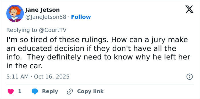Tweet by Jane Jetson expressing frustration about jury decisions in a case involving a dad and a 2YO daughter in a hot car. Tweet by Jane Jetson expressing frustration about jury decisions in a case involving a dad and a 2YO daughter in a hot car.