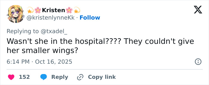 Social media user Kristen comments on Bella Hadid’s heavy Victoria’s Secret Angel wings and concerns about their size. Social media user Kristen comments on Bella Hadid’s heavy Victoria’s Secret Angel wings and concerns about their size.