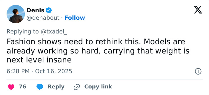 Tweet from Denis highlighting the intense weight of Victoria’s Secret angel wings worn by models at fashion shows. Tweet from Denis highlighting the intense weight of Victoria’s Secret angel wings worn by models at fashion shows.