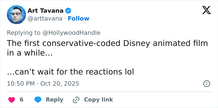 Tweet by Art Tavana discussing the first conservative-coded Disney animated film and anticipating reactions online. Tweet by Art Tavana discussing the first conservative-coded Disney animated film and anticipating reactions online.