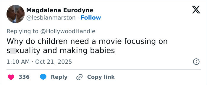 Tweet by user questioning the need for a movie focusing on sexuality and heterosexual breeding propaganda controversy. Tweet by user questioning the need for a movie focusing on sexuality and heterosexual breeding propaganda controversy.
