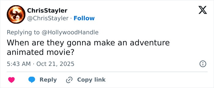 Tweet by ChrisStayler questioning when an adventure animated movie will be made amid backlash over heterosexual breeding propaganda. Tweet by ChrisStayler questioning when an adventure animated movie will be made amid backlash over heterosexual breeding propaganda.