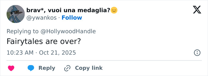 Twitter user replying to Hollywood Handle questioning if fairytales are over amid backlash to Disney breeding propaganda. Twitter user replying to Hollywood Handle questioning if fairytales are over amid backlash to Disney breeding propaganda.