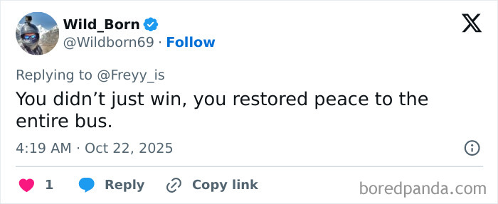 Screenshot of a Twitter reply describing how a man shut down a speakerphone user, restoring peace on a bus. Screenshot of a Twitter reply describing how a man shut down a speakerphone user, restoring peace on a bus.
