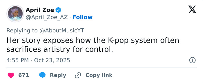 Tweet by April Zoe discussing how the K-pop system sacrifices artistry for control affecting Park Bom's plastic surgery. Tweet by April Zoe discussing how the K-pop system sacrifices artistry for control affecting Park Bom's plastic surgery.