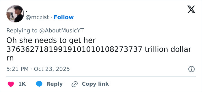 Tweet from user @mczist replying to @AboutMusicYT, mentioning the need for a large sum of money in a casual online discussion. Tweet from user @mczist replying to @AboutMusicYT, mentioning the need for a large sum of money in a casual online discussion.