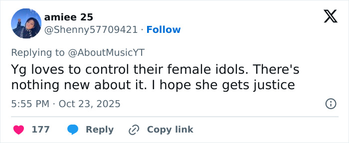 Tweet about YG control over female idols, expressing hope for justice for K-Pop icon Park Bom after plastic surgery transformation. Tweet about YG control over female idols, expressing hope for justice for K-Pop icon Park Bom after plastic surgery transformation.