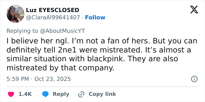 Tweet screenshot from user Luz EYES CLOSED discussing mistreatment of K-pop groups related to Park Bom. Tweet screenshot from user Luz EYES CLOSED discussing mistreatment of K-pop groups related to Park Bom.