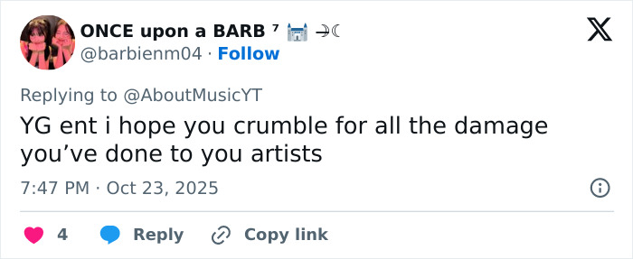 Tweet expressing frustration toward YG Entertainment for the damage caused to their K-Pop artists including Park Bom’s plastic surgery. Tweet expressing frustration toward YG Entertainment for the damage caused to their K-Pop artists including Park Bom’s plastic surgery.