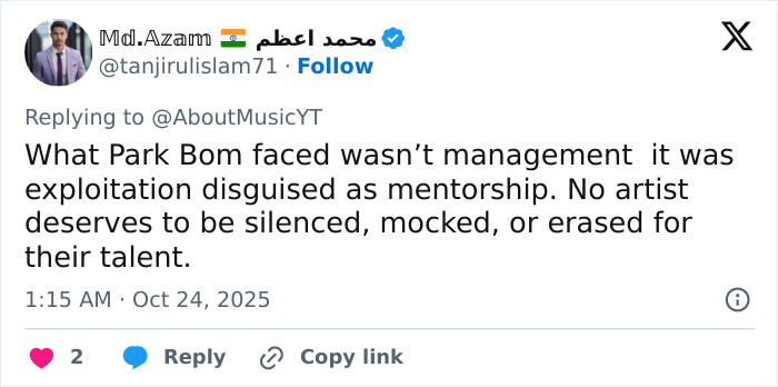 Tweet discussing K-Pop icon Park Bom addressing exploitation and the reasons behind her plastic surgery transformation. Tweet discussing K-Pop icon Park Bom addressing exploitation and the reasons behind her plastic surgery transformation.