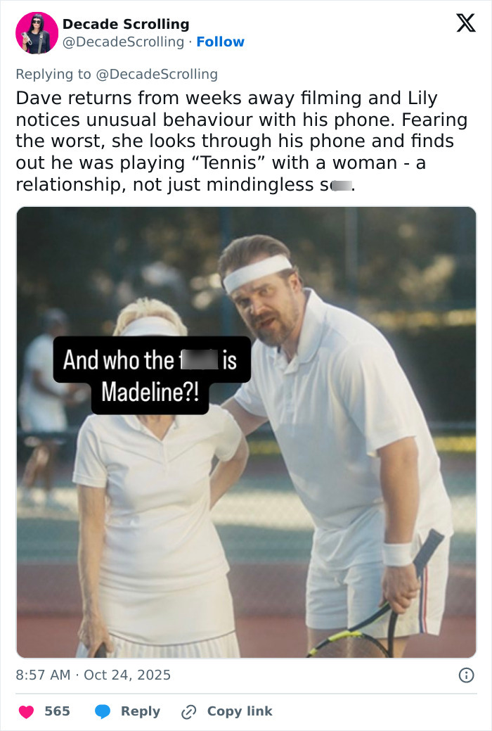Man and woman dressed in tennis outfits on court, referencing David Harbour cheating claims and Lily Allen album discussion. Man and woman dressed in tennis outfits on court, referencing David Harbour cheating claims and Lily Allen album discussion.