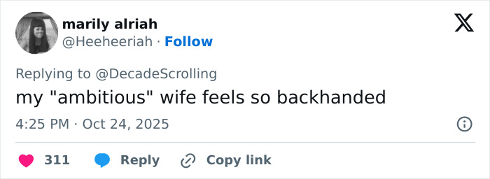 Twitter reply from user marily alriah expressing feelings about an ambitious wife amid claims related to David Harbour cheating. Twitter reply from user marily alriah expressing feelings about an ambitious wife amid claims related to David Harbour cheating.