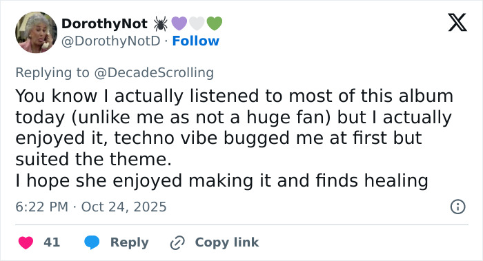 Tweet discussing Lily Allen's explosive new album with techno vibes and its emotional healing theme. Tweet discussing Lily Allen's explosive new album with techno vibes and its emotional healing theme.