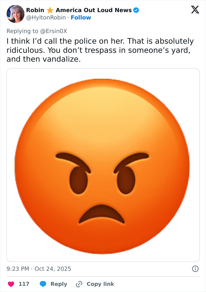 Angry emoji reaction to unhinged woman caught attacking neighbor’s Halloween witches in viral footage.