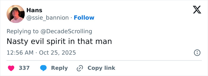 Screenshot of a tweet by Hans describing a person as having a nasty evil spirit, related to Lily Allen’s album and David Harbour claims. Screenshot of a tweet by Hans describing a person as having a nasty evil spirit, related to Lily Allen’s album and David Harbour claims.