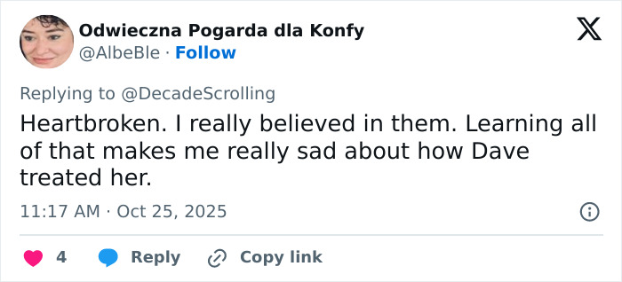Screenshot of a tweet expressing sadness about Dave's treatment of her, related to Lily Allen's album and David Harbour cheating claims. Screenshot of a tweet expressing sadness about Dave's treatment of her, related to Lily Allen's album and David Harbour cheating claims.