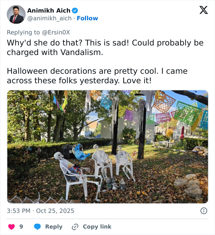 Alt text: Unhinged woman caught attacking neighbor’s Halloween witches decorations twice in bizarre viral footage outdoors.