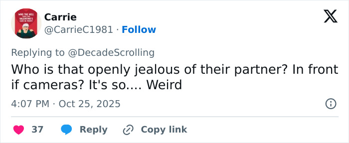 Tweet from Carrie commenting on public jealousy towards partners, relating to Lily Allen's explosive album and David Harbour cheating claims. Tweet from Carrie commenting on public jealousy towards partners, relating to Lily Allen's explosive album and David Harbour cheating claims.