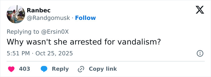 Tweet questioning why an unhinged woman caught attacking neighbor's Halloween witches was not arrested for vandalism.