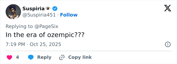 Screenshot of a social media reply questioning the era of ozempic, related to Nelly Furtado quitting music amid body-shaming. Screenshot of a social media reply questioning the era of ozempic, related to Nelly Furtado quitting music amid body-shaming.
