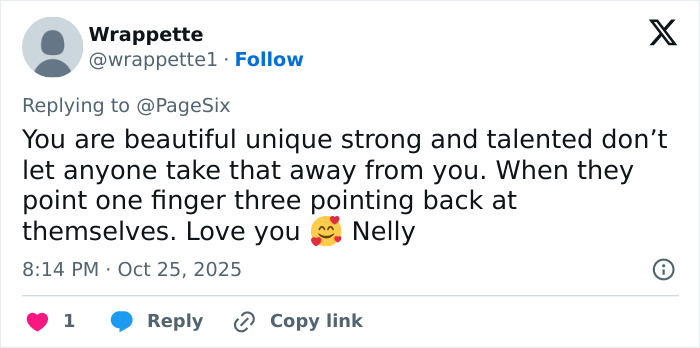 Twitter reply with a supportive message to Nelly Furtado amid online body-shaming and her quitting music announcement. Twitter reply with a supportive message to Nelly Furtado amid online body-shaming and her quitting music announcement.