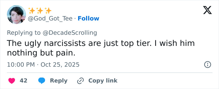 Tweet about narcissists and pain, related to Lily Allen's explosive new album and disturbing claims about David Harbour's alleged cheating. Tweet about narcissists and pain, related to Lily Allen's explosive new album and disturbing claims about David Harbour's alleged cheating.