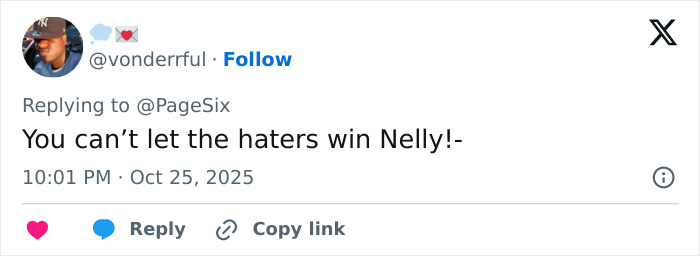 Twitter user @vonderrful responding with support for Nelly Furtado amid body-shaming online controversy. Twitter user @vonderrful responding with support for Nelly Furtado amid body-shaming online controversy.