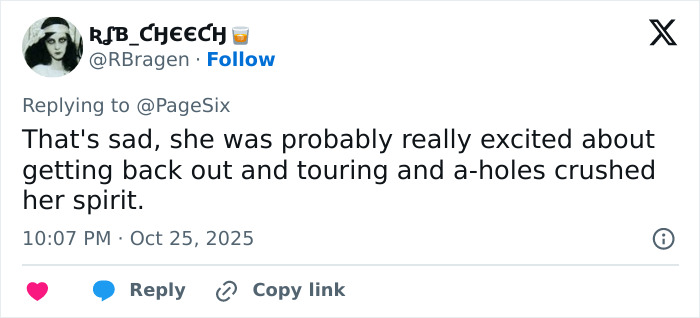 Tweet expressing sadness over Nelly Furtado quitting music due to vicious body-shaming impacting her spirit. Tweet expressing sadness over Nelly Furtado quitting music due to vicious body-shaming impacting her spirit.