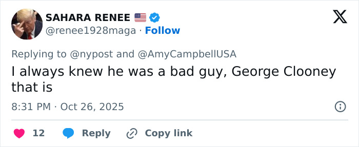 Tweet from Sahara Renee commenting on George Clooney, referencing a negative public allegation related to Virginia Giuffre's Epstein memoir.