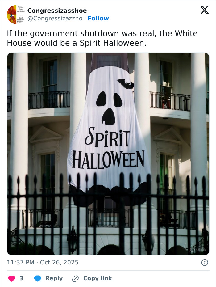 Large ghost decoration with Spirit Halloween logo hangs in front of White House, relating to Melania Trump's Halloween display roast. Large ghost decoration with Spirit Halloween logo hangs in front of White House, relating to Melania Trump's Halloween display roast.