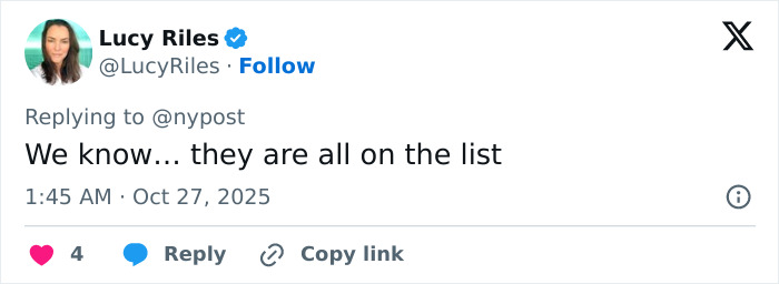 Tweet by Lucy Riles replying to nypost, discussing a list related to George Clooney breaking silence over grotesque allegation.