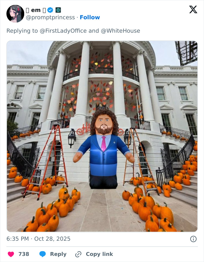 Inflatable figure and pumpkins arranged on White House steps in Melania Trump's White House Halloween display. Inflatable figure and pumpkins arranged on White House steps in Melania Trump's White House Halloween display.