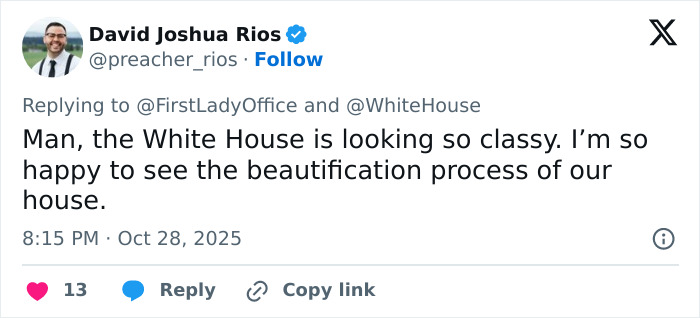 Tweet praising the White House Halloween display and its beautification process during Melania Trump's time. Tweet praising the White House Halloween display and its beautification process during Melania Trump's time.