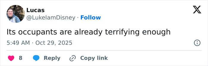 Tweet from Lucas commenting on Melania Trump's White House Halloween display being described as already terrifying by its occupants. Tweet from Lucas commenting on Melania Trump's White House Halloween display being described as already terrifying by its occupants.