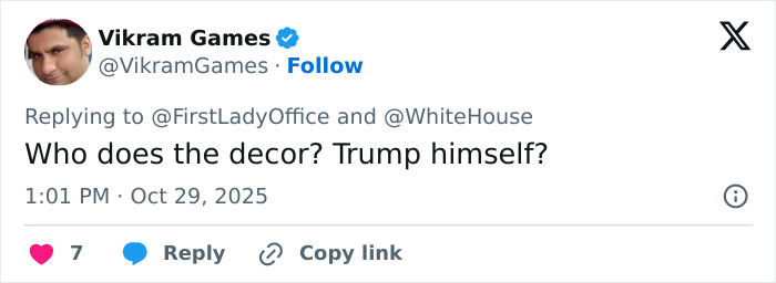 Screenshot of a tweet mocking Melania Trump’s White House Halloween display decor with sarcastic comment about Trump. Screenshot of a tweet mocking Melania Trump’s White House Halloween display decor with sarcastic comment about Trump.