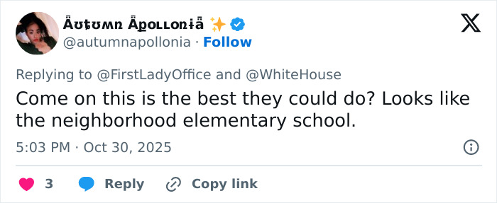 User tweet criticizing Melania Trump's White House Halloween display, comparing it to a neighborhood elementary school. User tweet criticizing Melania Trump's White House Halloween display, comparing it to a neighborhood elementary school.