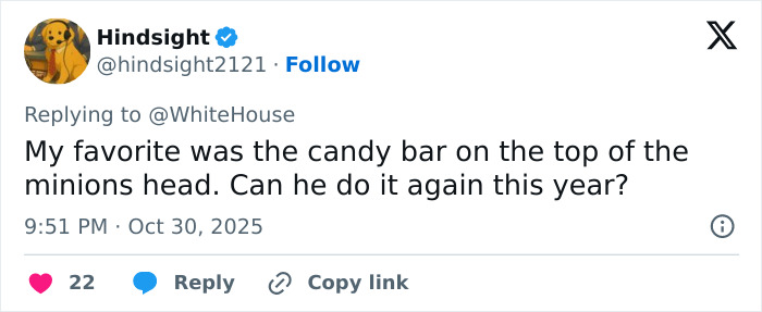 Screenshot of a social media post discussing Melania Trump's White House Halloween display and a candy bar on a minion's head. Screenshot of a social media post discussing Melania Trump's White House Halloween display and a candy bar on a minion's head.