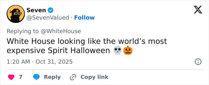 Screenshot of a tweet mocking Melania Trump's White House Halloween display as the world’s most expensive Spirit Halloween. Screenshot of a tweet mocking Melania Trump's White House Halloween display as the world’s most expensive Spirit Halloween.