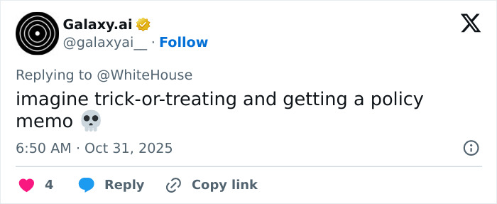 Screenshot of a tweet roasting Melania Trump's White House Halloween display with a skull emoji and sarcastic comment. Screenshot of a tweet roasting Melania Trump's White House Halloween display with a skull emoji and sarcastic comment.