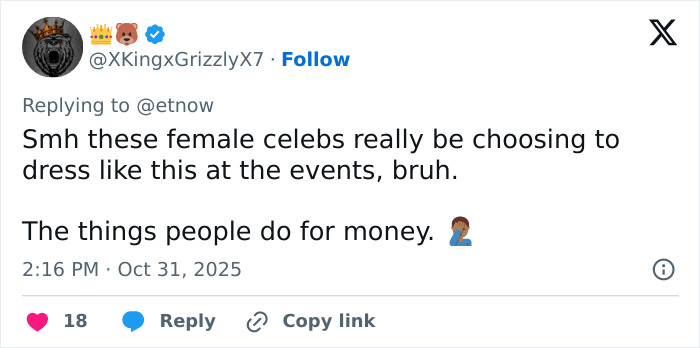 Screenshot of a tweet critiquing female celebs’ revealing dress trend at events, reflecting online debate over fashion choices. Screenshot of a tweet critiquing female celebs’ revealing dress trend at events, reflecting online debate over fashion choices.
