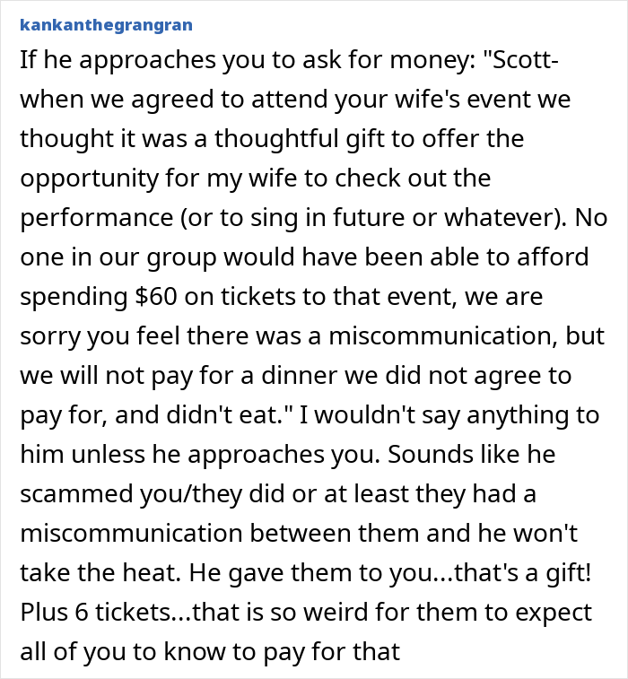Text message screenshot discussing coworkers feeling scammed after paying for superior’s wife’s show tickets unexpectedly Text message screenshot discussing coworkers feeling scammed after paying for superior’s wife’s show tickets unexpectedly